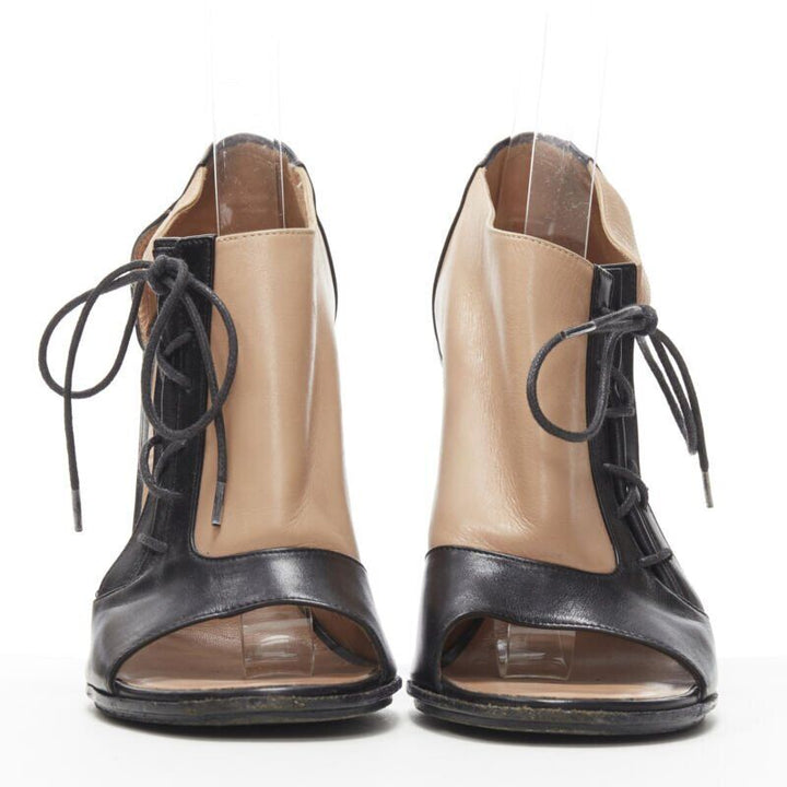 OLD CELINE Phoebe Philo black nude leather lace open side peep toe bootie EU40.5