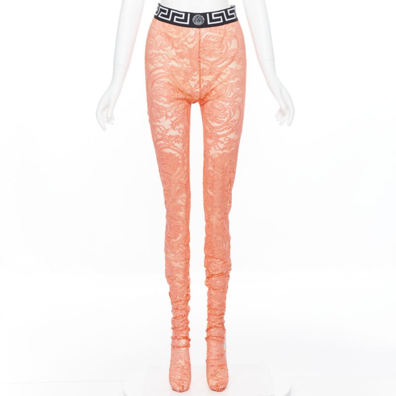 VERSACE Underwear Medusa Greca waist band blue floral lace tights M