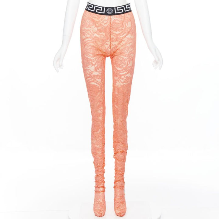 VERSACE Underwear Medusa Greca waist band blue floral lace tights M