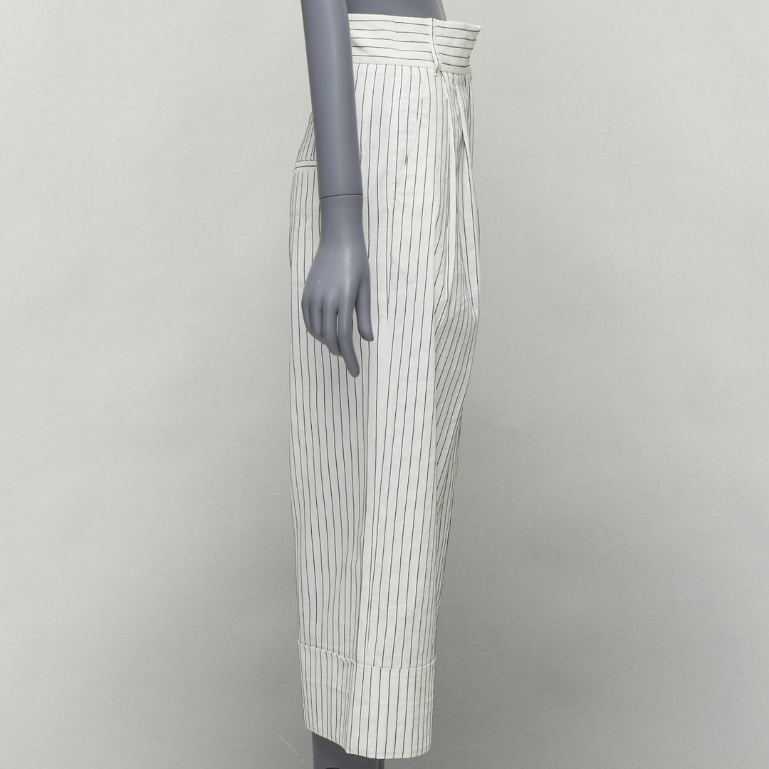 TIBI white black pinstriped linen pleated front wide leg cropped pants US0 XS