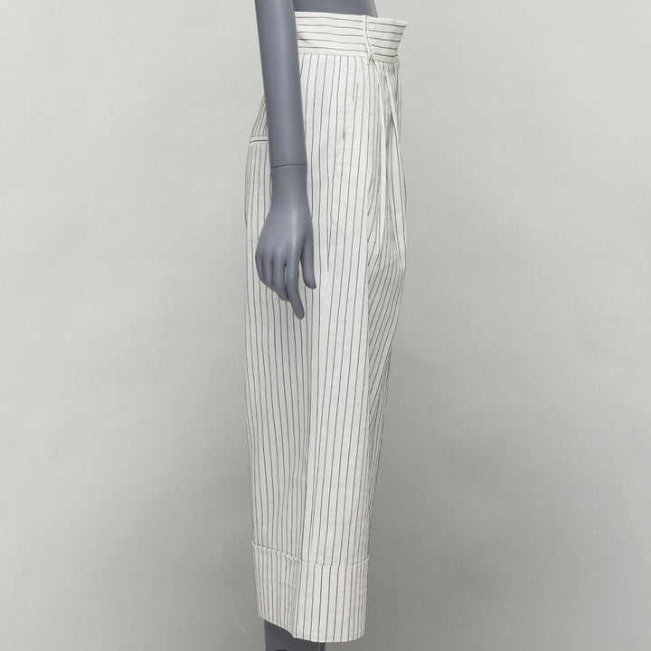 TIBI white black pinstriped linen pleated front wide leg cropped pants US0 XS