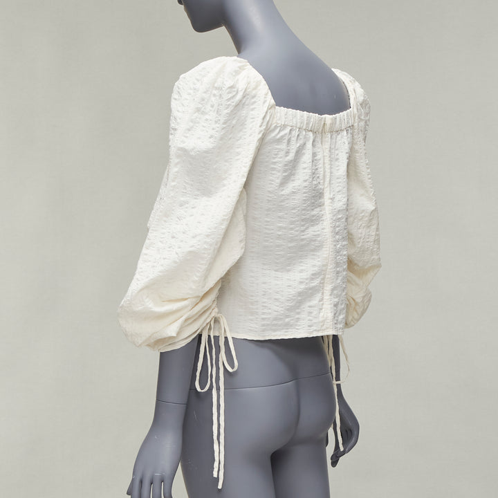 REGINA PYO cream cotton square neck ruched puff sleeves cropped peasant top S