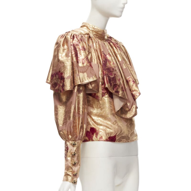 RAISA VANESSA rose gold foil jacquard rhinestone buttons Victorian top FR34 XS