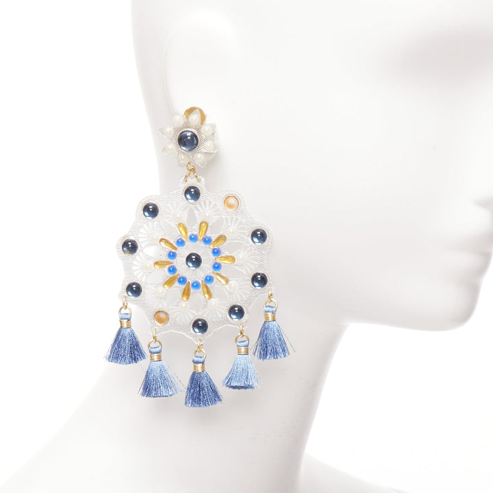MERCEDES SALAZAR clear acrylic blue beads tassels clip on drop earrings