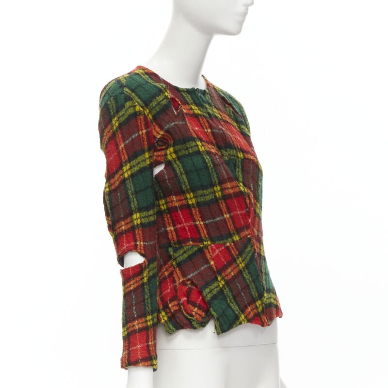 JUNYA WATANABE Vintage 1995 red punk plaid boiled wool cut out jacket S