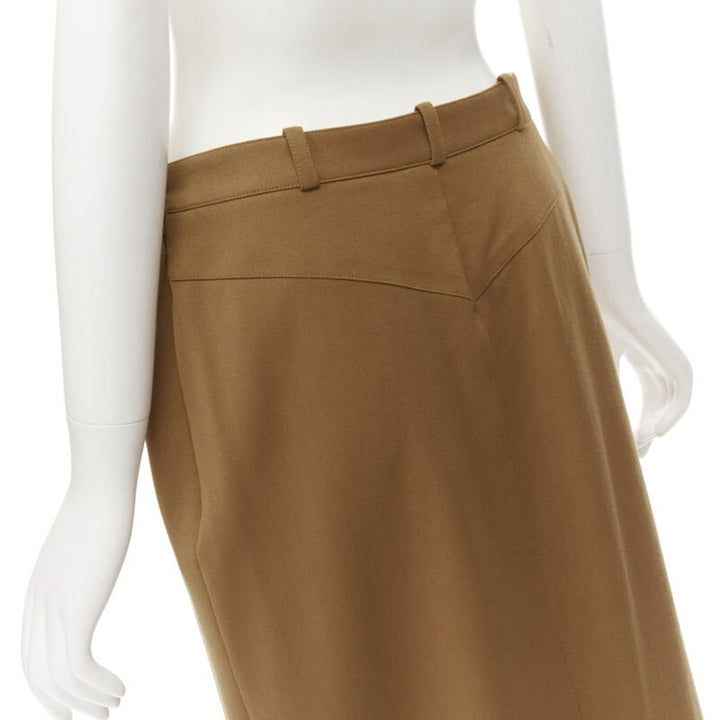 HERMES brown wool blend leather Sellier zipper pocket pencil skirt FR42 L