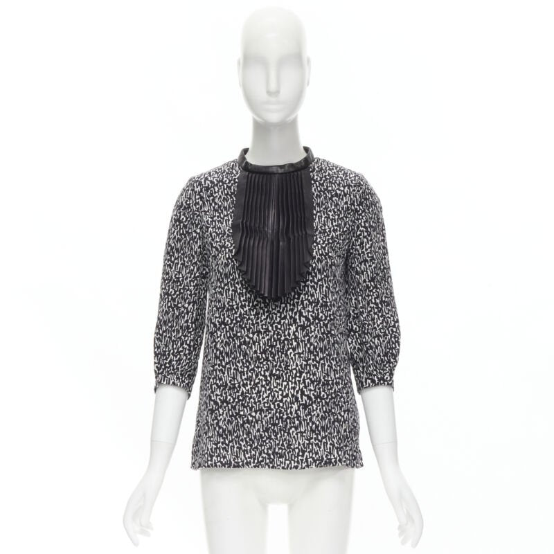 SAINT LAURENT Hedi Slimane 2012 black pleated leather bib silk blouse FR38 S