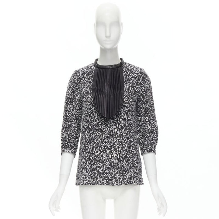 SAINT LAURENT Hedi Slimane 2012 black pleated leather bib silk blouse FR38 S