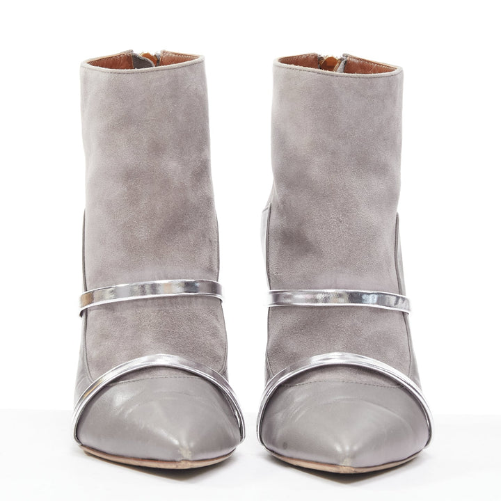 MALONE SOULIERS grey suede silver patent strap stiletto heeled booties EU37