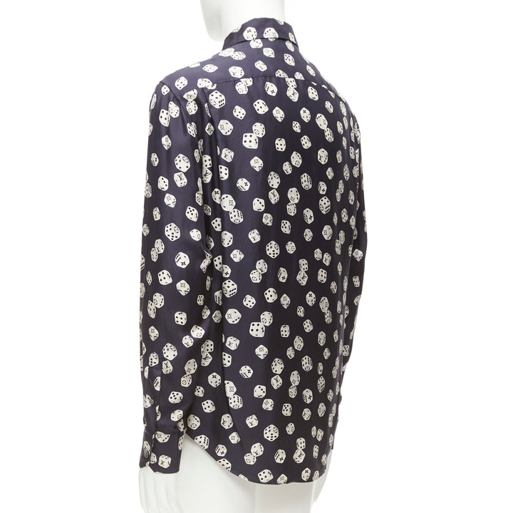 LOUIS VUITTON navy cream 100% silk LV logo dice print regular fit shirt M