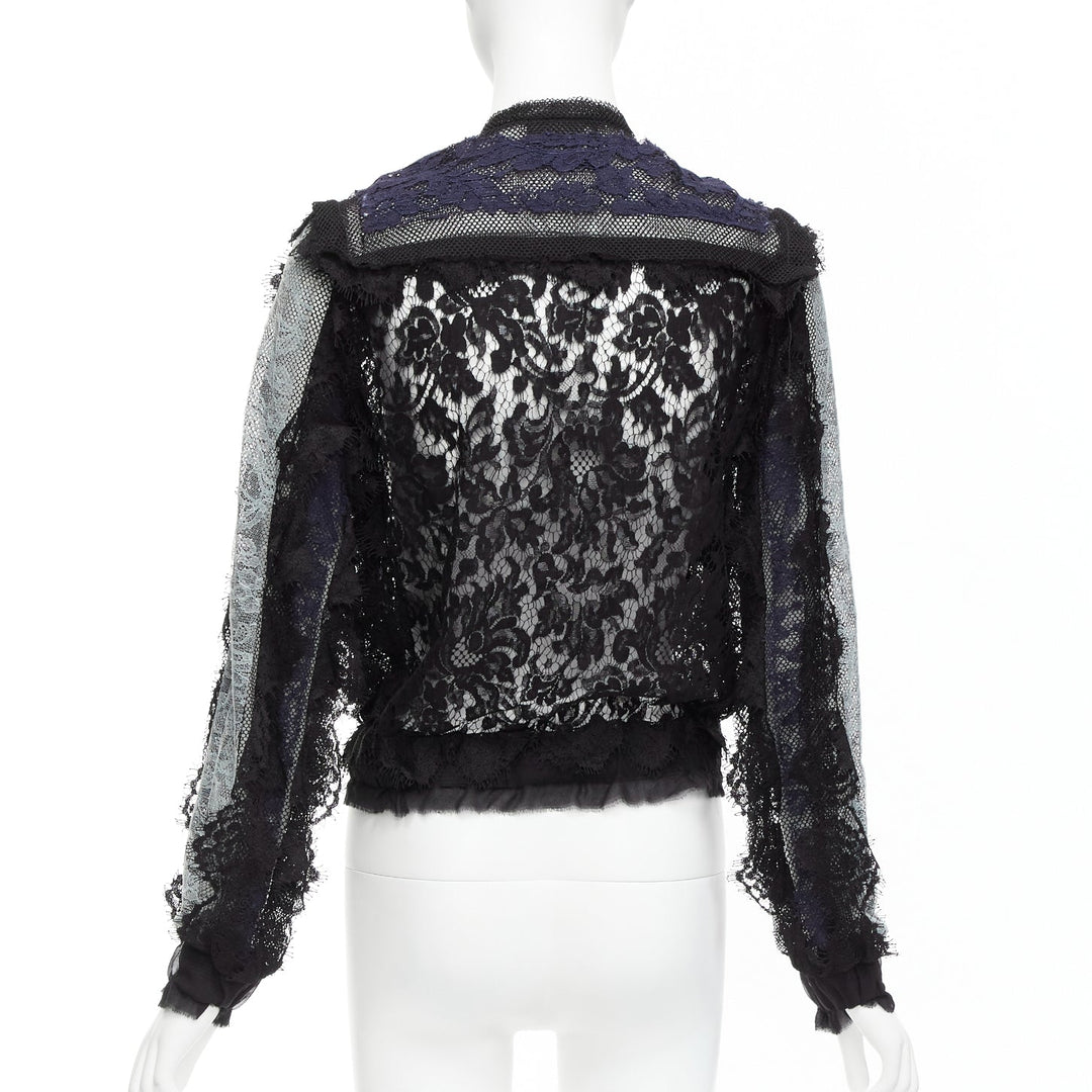 LANVIN blue black intricate lace panels sheer long sleeve jacket FR34 XS