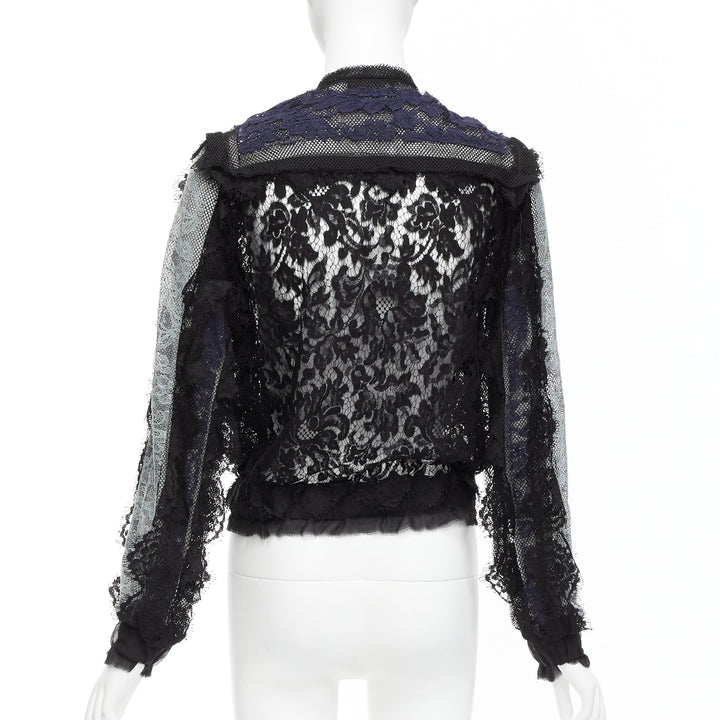 LANVIN blue black intricate lace panels sheer long sleeve jacket FR34 XS