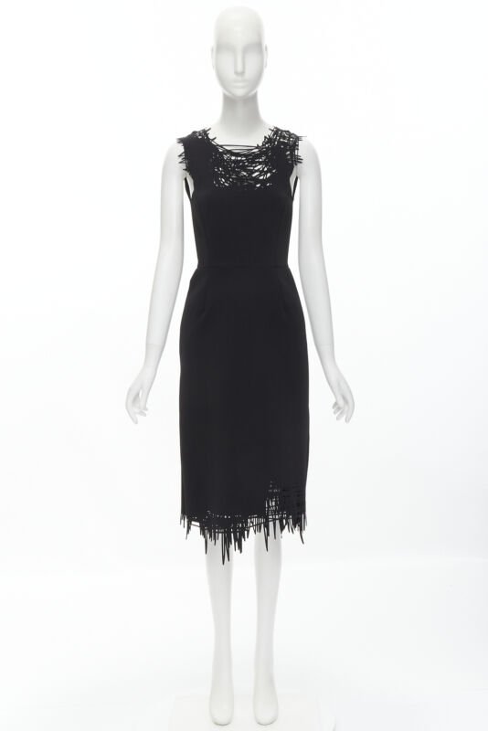 OSCAR DE LA RENTA laser cut scribble cut out scuba sheath pencil dress S