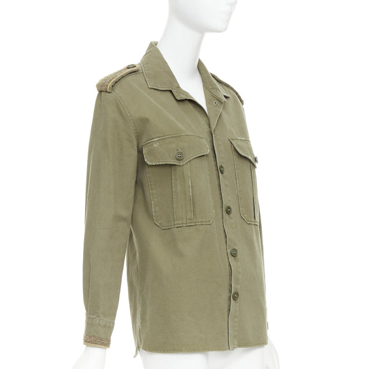 SAINT LAURENT 2018 green cotton military charms badge over shirt FR38 M