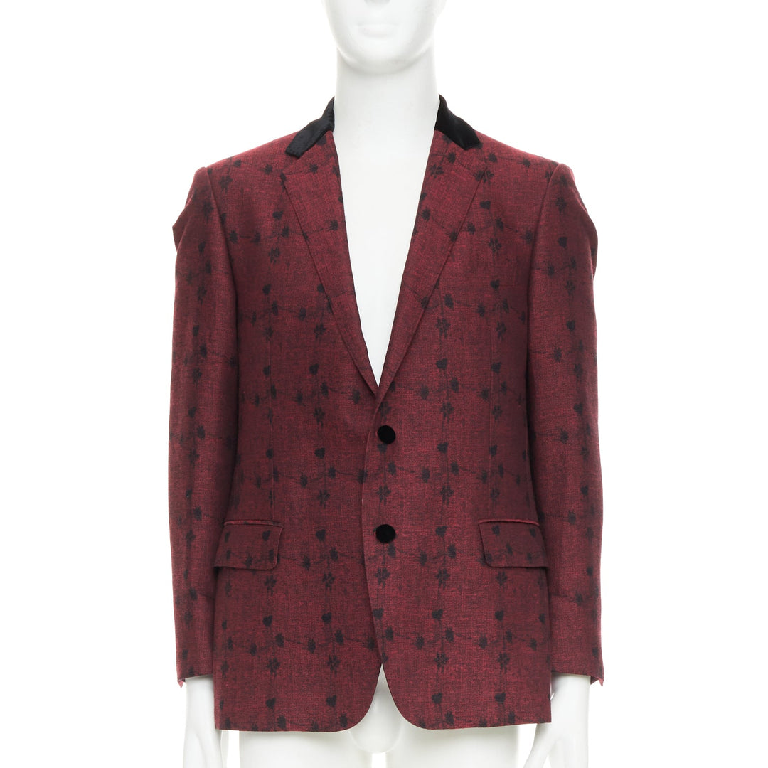 ETRO wine red velvet trim wool silk single breasted floral blazer IT52 XL