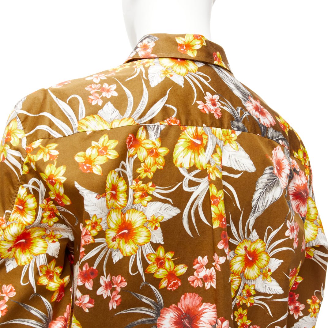 FAUSTO PUGLISI yellow tropical floral print cotton gold button shirt EU48 M