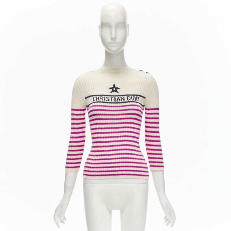 CHRISTIAN DIOR 2022 Mariniere pink nautical sailor stripe logo ribbed top FR34