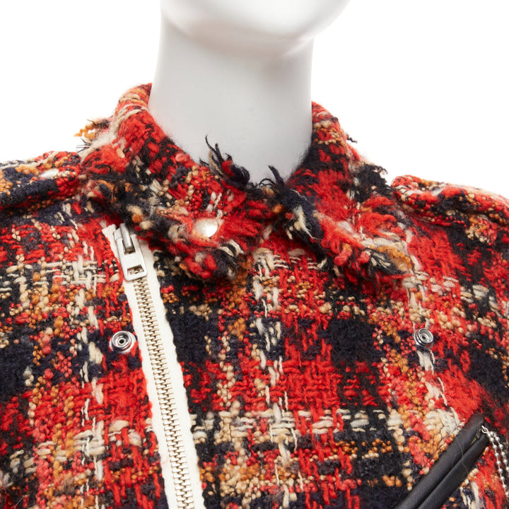 MIHARA YASUHIRO red plaid wool tweed PU trimmed biker jacket FR36 S