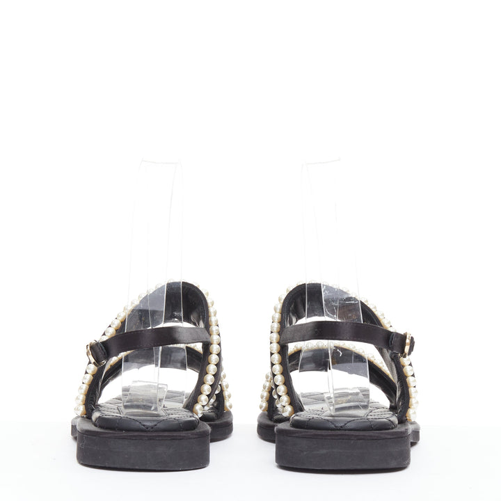 CHANEL 2022 black pearl embellished satin CC flat dad sandals EU36.5