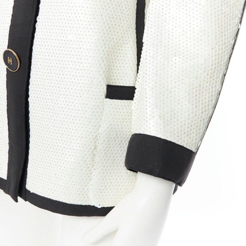 runway CHANEL SS91 white sequin black grosgrain trim scuba zipper jacket FR44