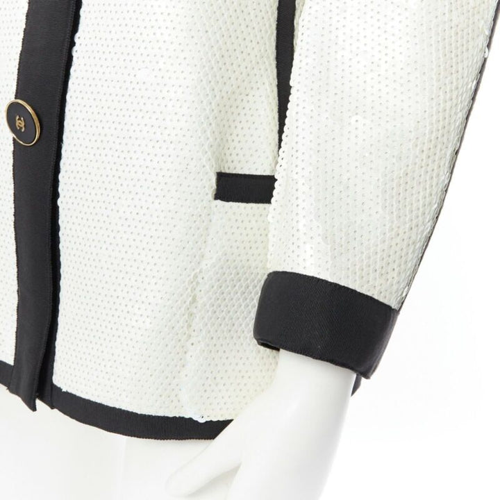 runway CHANEL SS91 white sequin black grosgrain trim scuba zipper jacket FR44