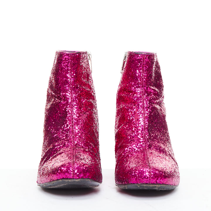 SAINT LAURENT Babies 40mm hot pink glitter chunky heel chelsea boots EU38.5