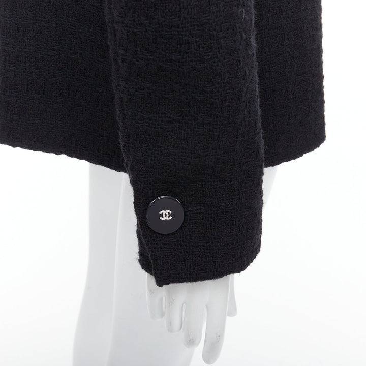 CHANEL 17A Runway Cosmopolite black tweed double breasted tuxedo jacket FR44