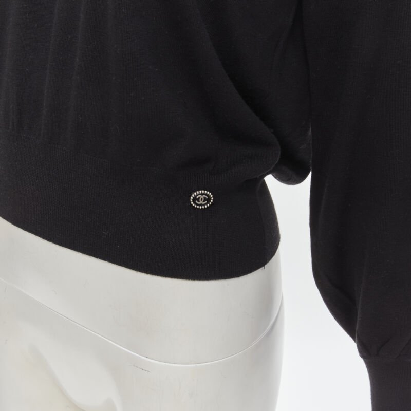 CHANEL 100% wool black white cable knit varsity collar CC charm sweater FR38 M