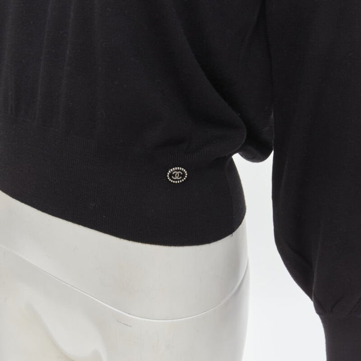 CHANEL 100% wool black white cable knit varsity collar CC charm sweater FR38 M