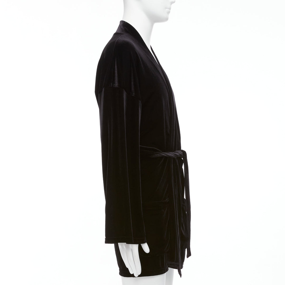 EMPORIO ARMANI black velvet GA embroidered logo belted robe jacket M