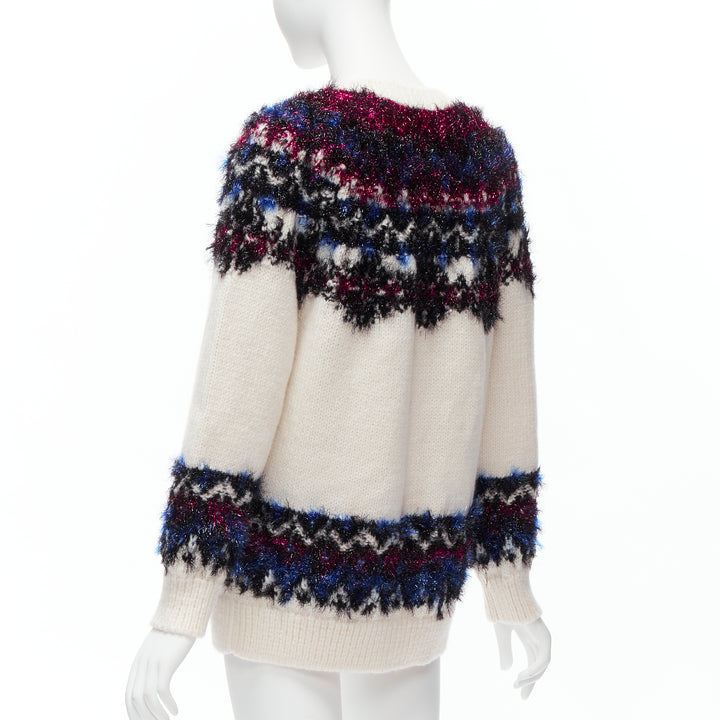 CHANEL pink blue fluffy lurex cream intarsia crystal CC button cardigan FR36 S