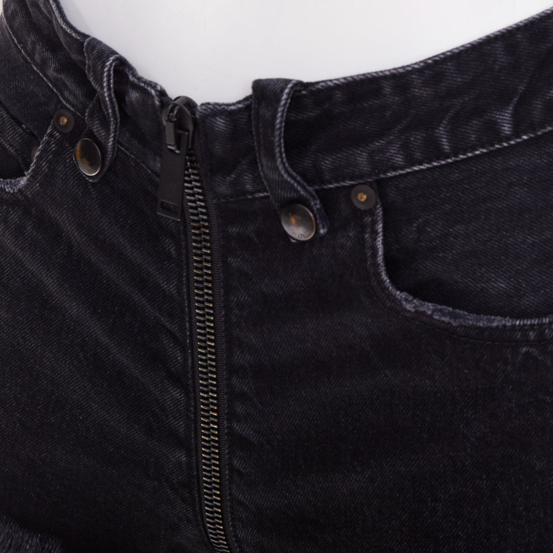 UNRAVEL PROJECT dark blue cotton zip around distressed mini shorts 25"