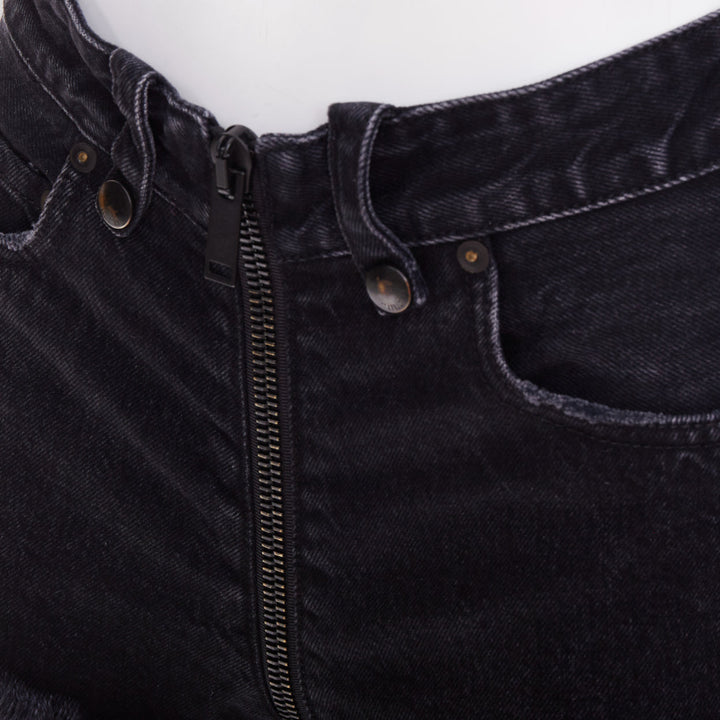 UNRAVEL PROJECT dark blue cotton zip around distressed mini shorts 25"