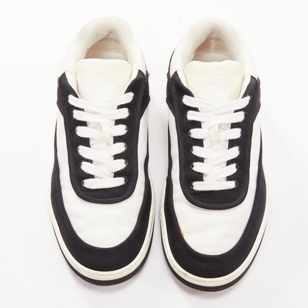 CHANEL 21S black white CC logo fabric minimal lace up sneakers EU36.5