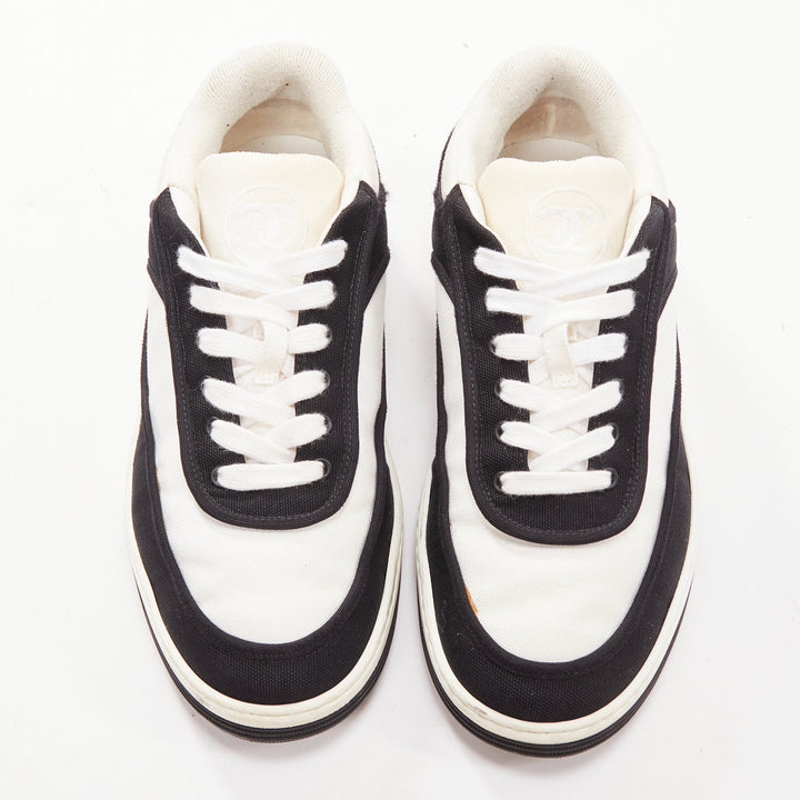 CHANEL 21S black white CC logo fabric minimal lace up sneakers EU36.5
