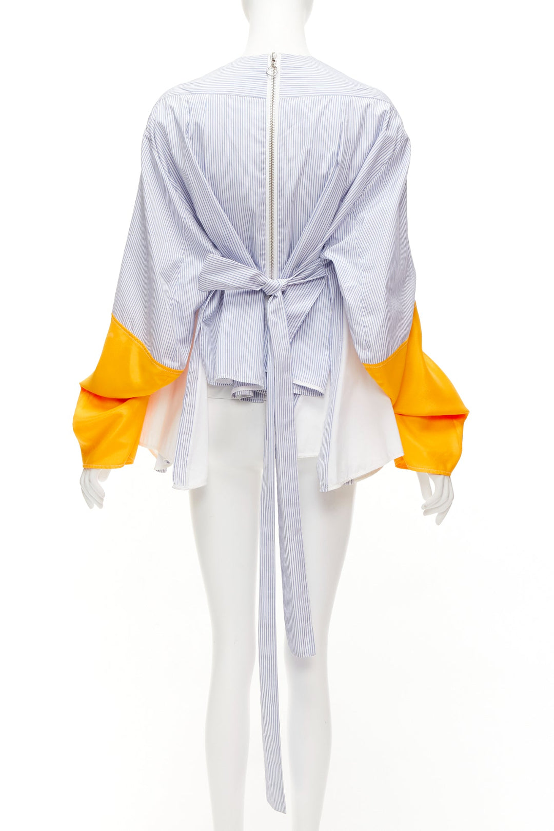 MARINE SERRE yellow blue white pinstriped puff sleeve peplum top M