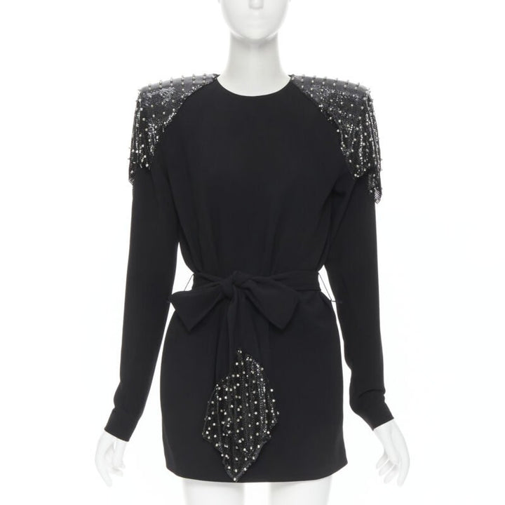 SAINT LAURENT Runway black chainmail stud shoulder pad belted dress FR38 S