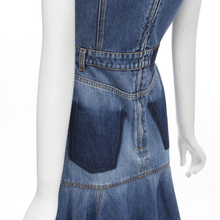 ALEXANDER MCQUEEN 2021 Runway washed denim shadow bodice midi dress IT38 XS