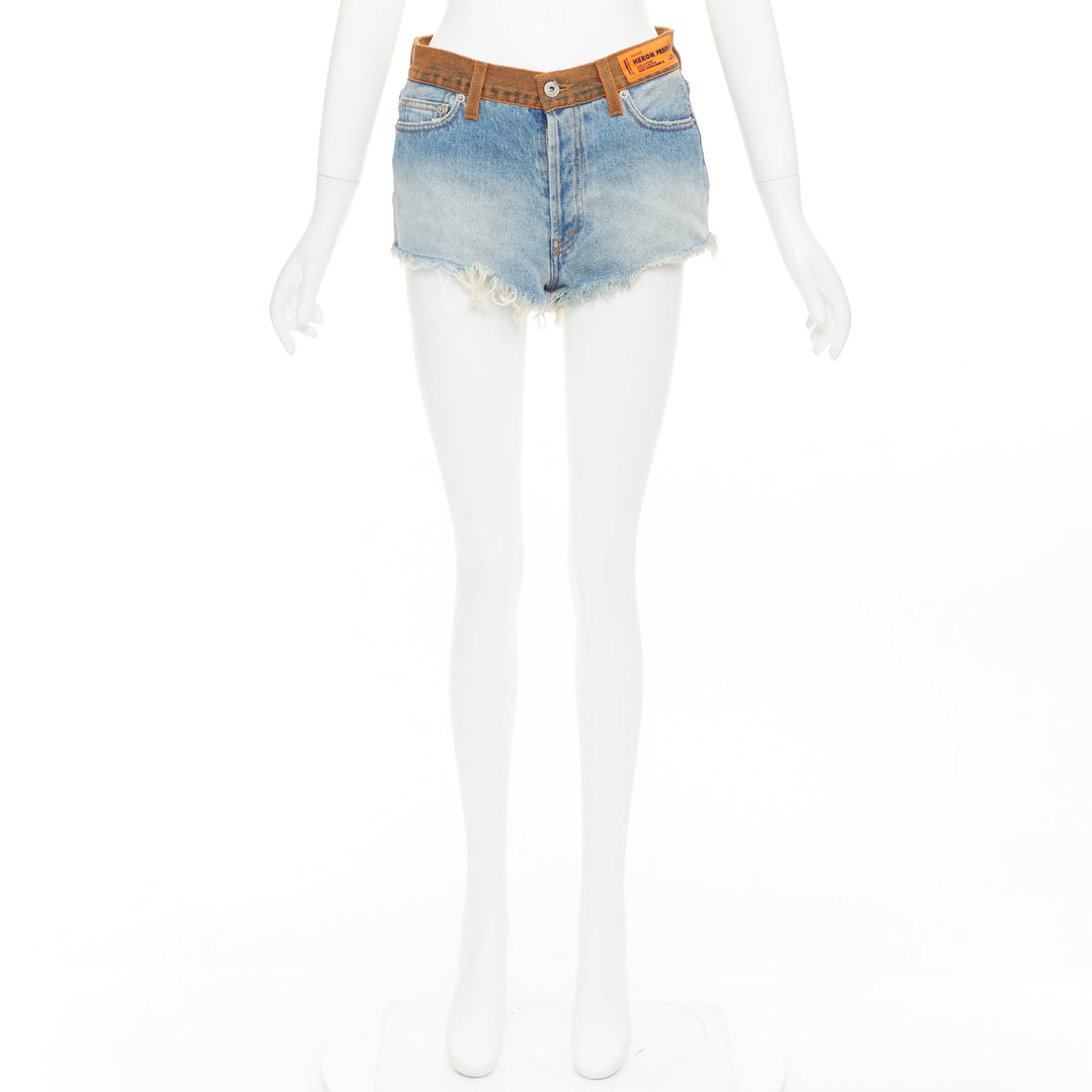 HERON PRESTON western cowboy blue washed denim orange waist cut off shorts 25"
