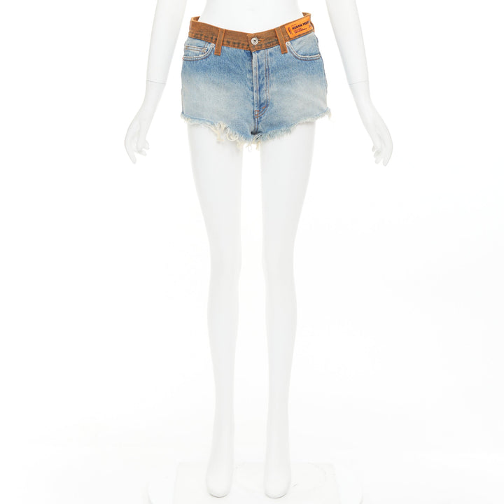 HERON PRESTON western cowboy blue washed denim orange waist cut off shorts 25"