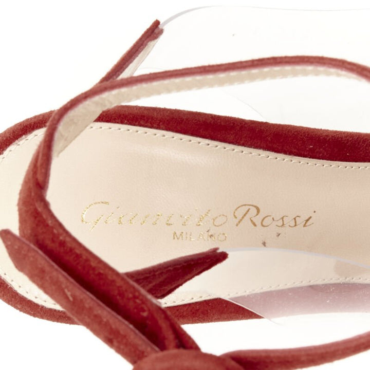 GIANVITO ROSSI Plexi red suede clear PVC ankle strap pump EU38.5