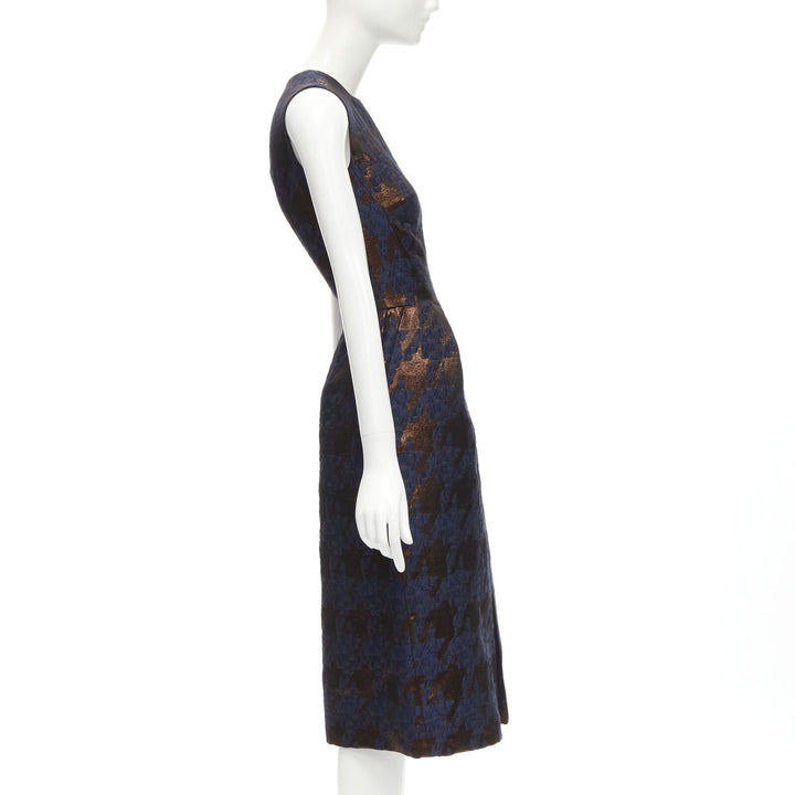 MARTIN GRANT metallic copper navy houndstooth jacquard midi dress FR34 XS