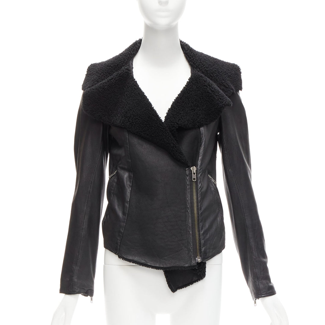 ALL SAINTS Nene black sheepskin leather shearling lined biker jacket UK8 S