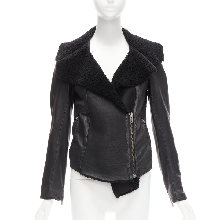ALL SAINTS Nene black sheepskin leather shearling lined biker jacket UK8 S