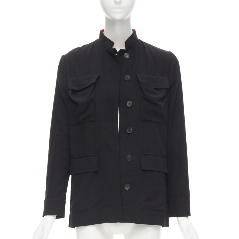 HAIDER ACKERMANN black cotton flap pockets red mandarin collar jacket FR34 XS
