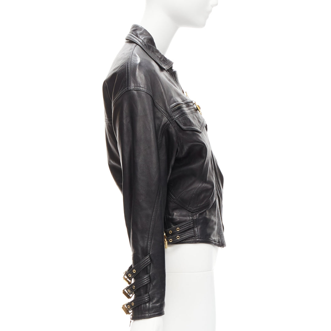 GIANNI VERSACE 1992 S&M black leather gold bondage buckle bomber IT38 XS