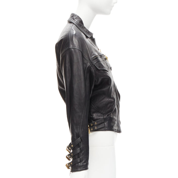 GIANNI VERSACE 1992 S&M black leather gold bondage buckle bomber IT38 XS