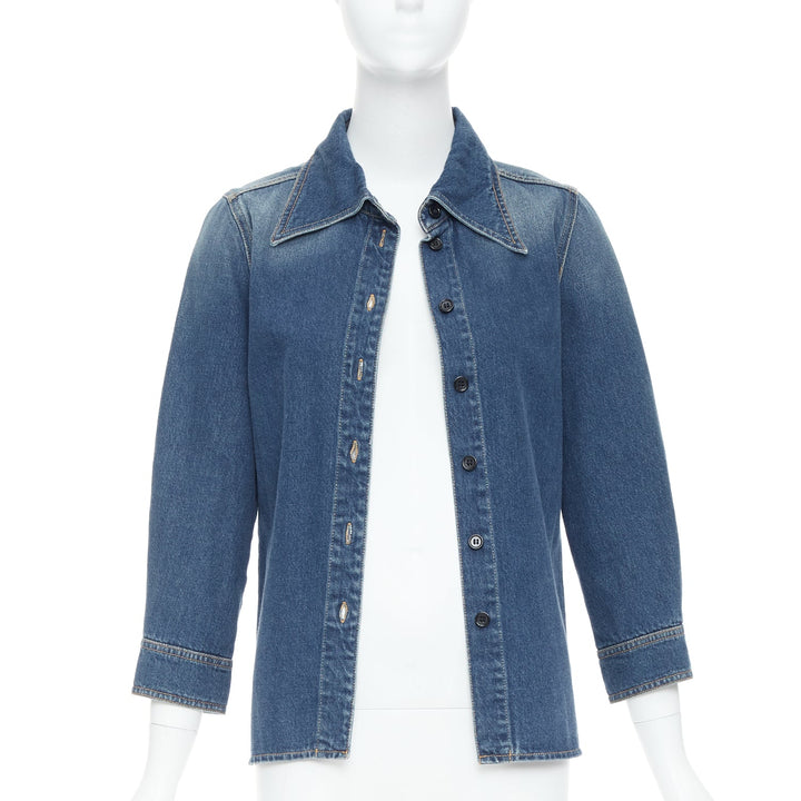CHLOE blue washed denim cotton cropped sleeve over shirt FR38 M