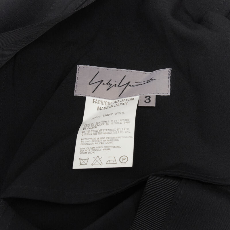 YOHJI YAMAMOTO black wool grosgrain trim waist high waisted wide leg pants JP3 L