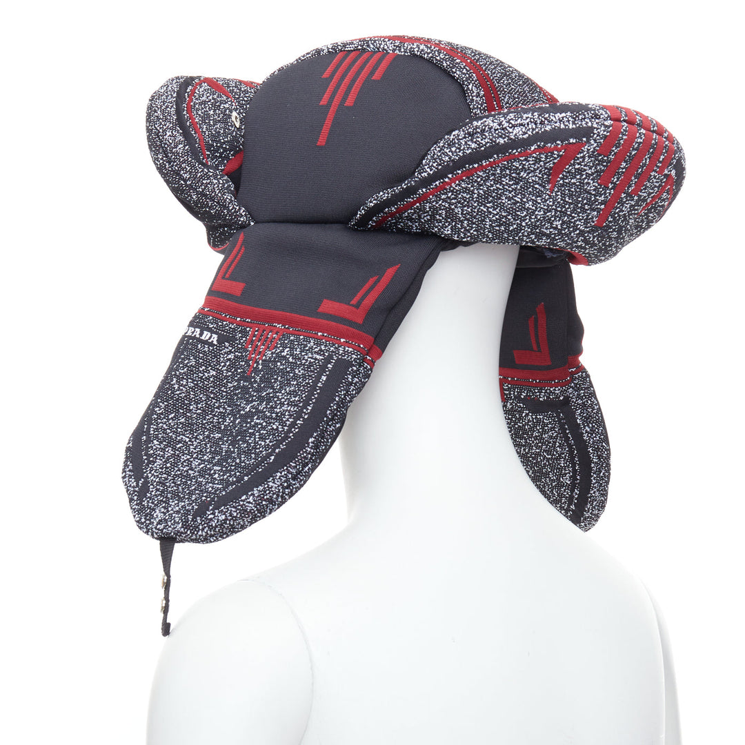 rare PRADA 2019 Runway red grey logo jacquard padded trapper hat L